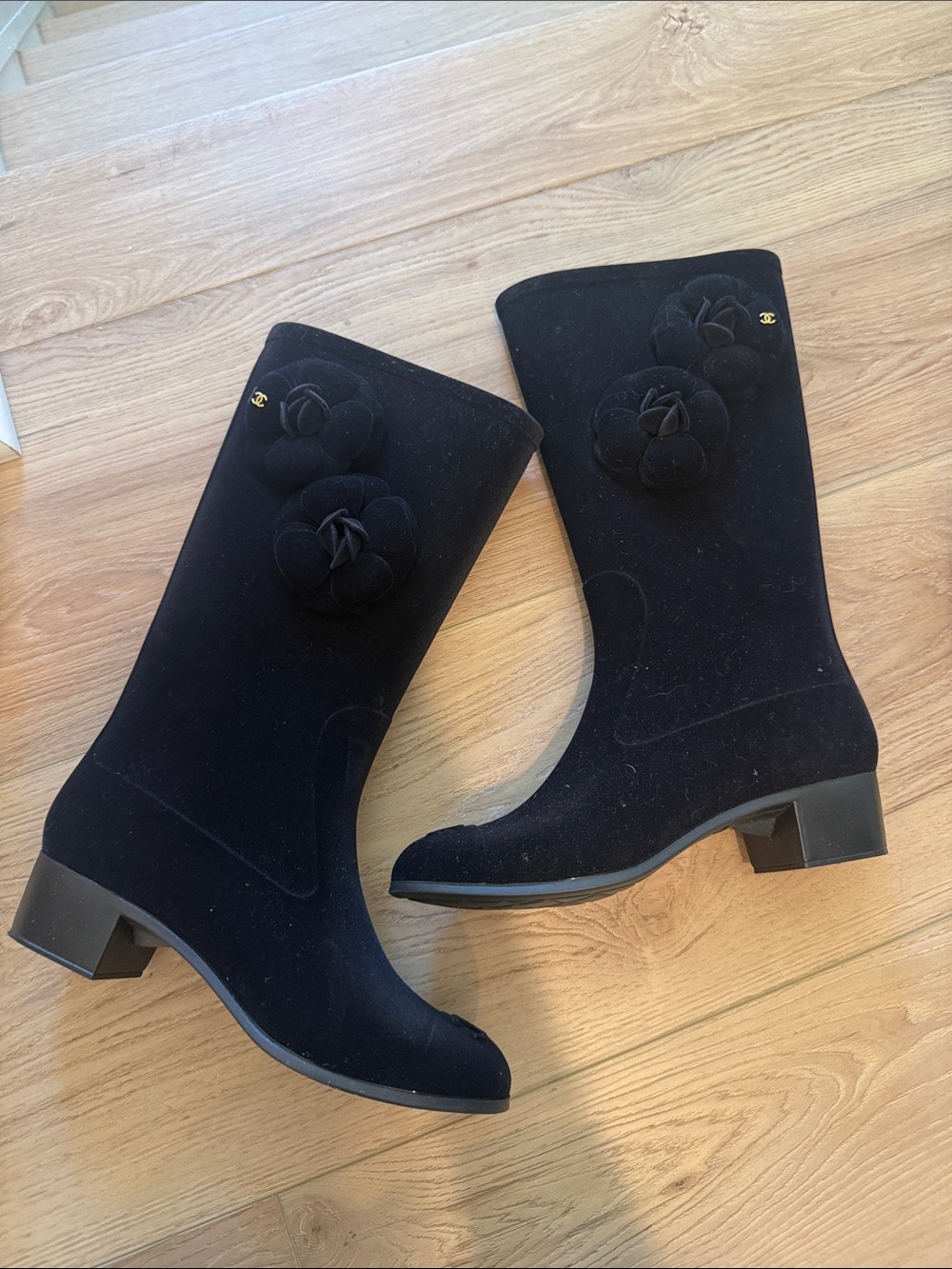 CHANEL Black Suede Mid-Calf Camellia Boots